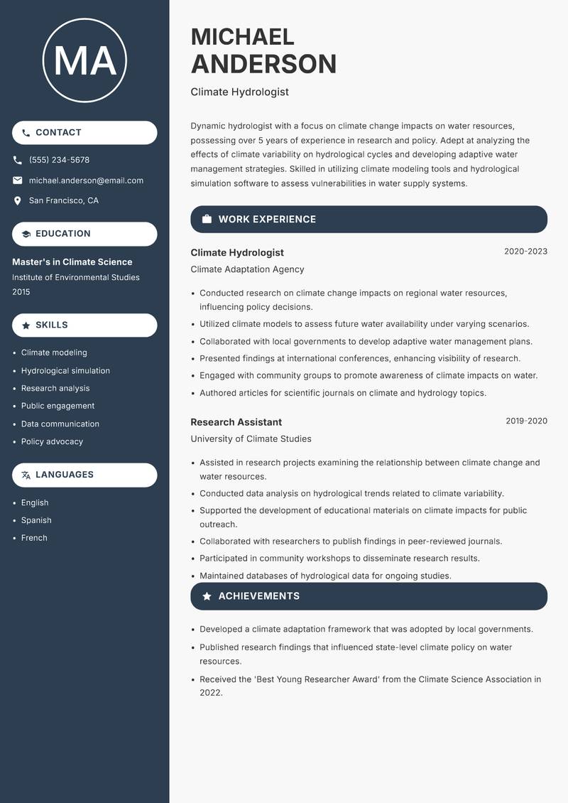 Hydrologist resume sample — Climate Hydrologist focus