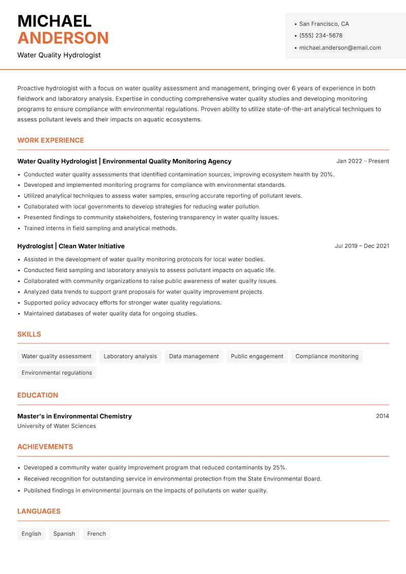 Hydrologist resume sample — Water Quality Hydrologist focus