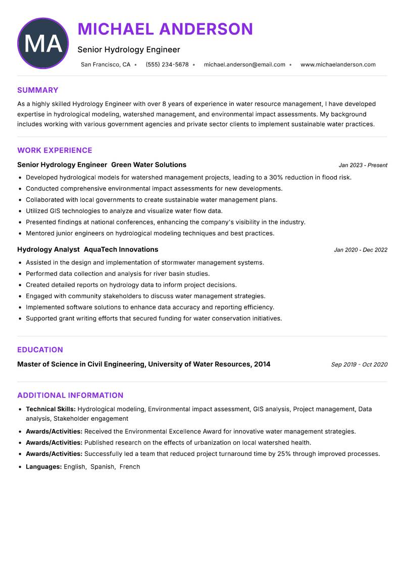 Hydrology Engineer resume example