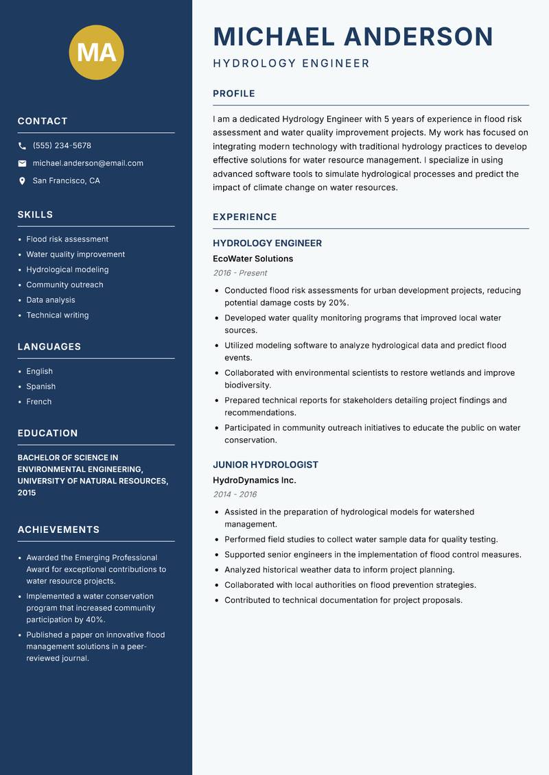 Hydrology Engineer resume sample — Hydrology Engineer focus