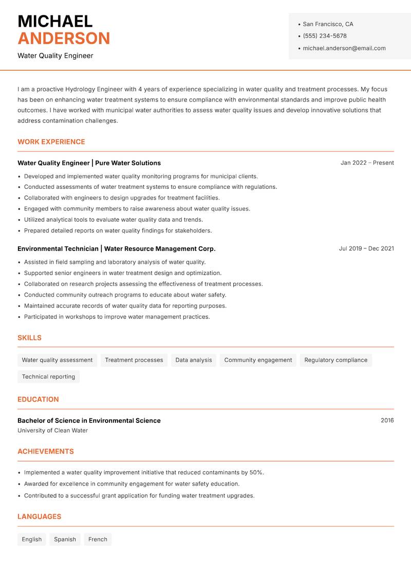 Hydrology Engineer resume sample — Water Quality Engineer focus