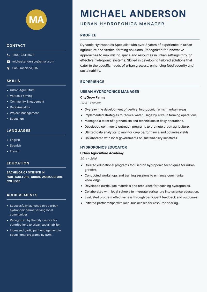 Hydroponics Specialist resume sample — Urban Hydroponics Manager focus