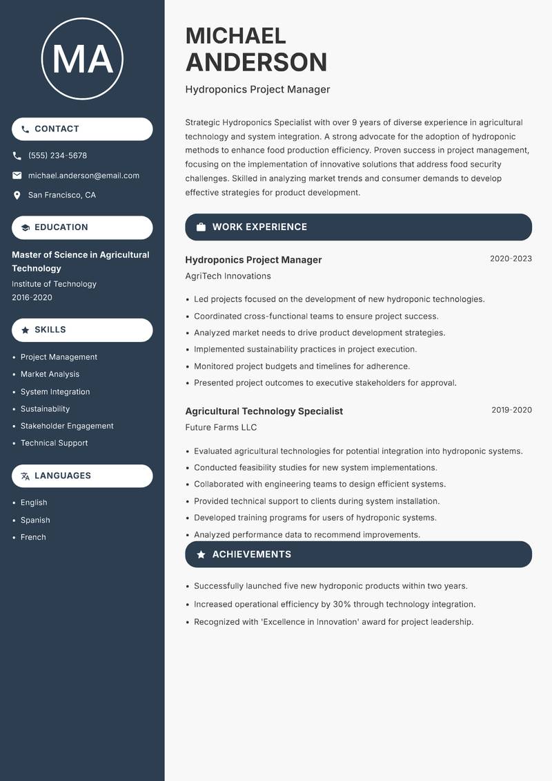 Hydroponics Specialist resume sample — Hydroponics Project Manager focus