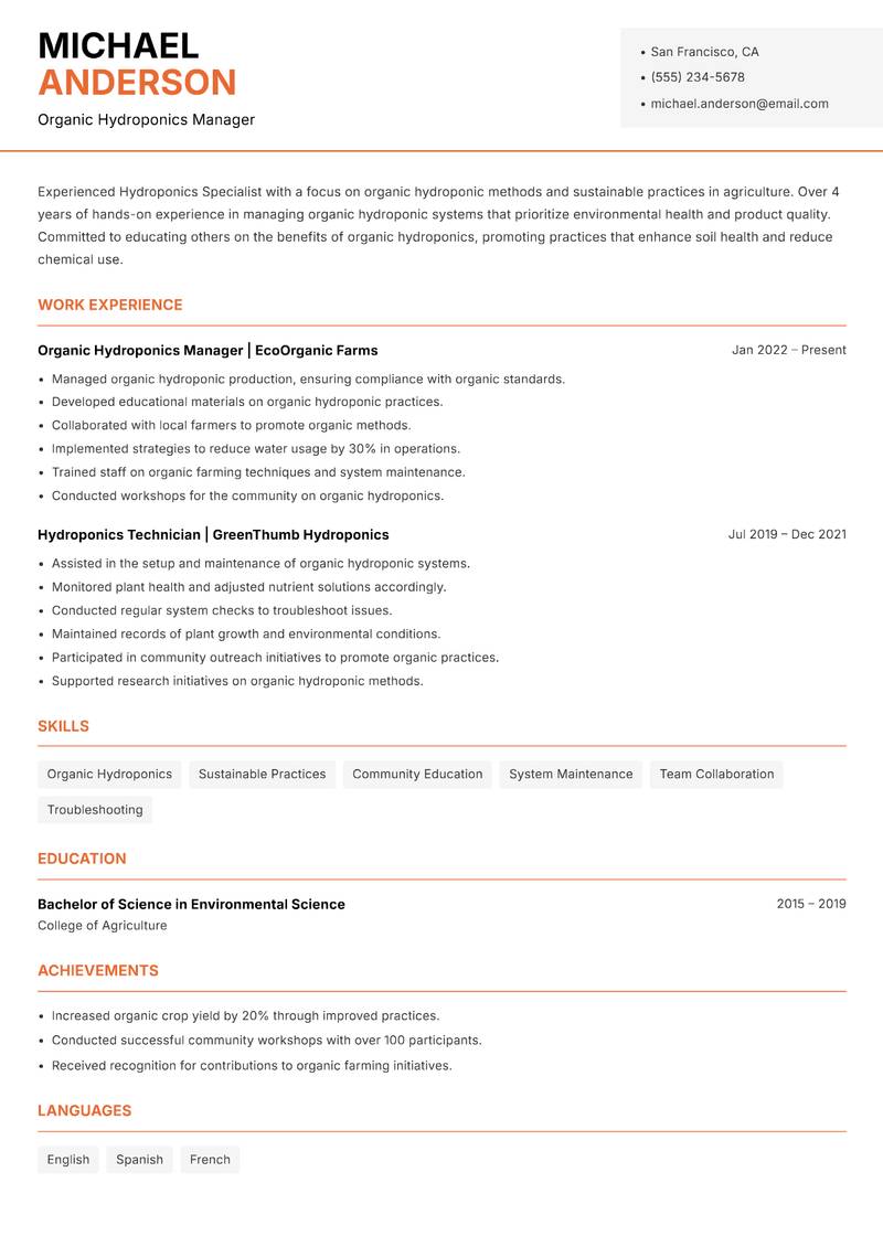 Hydroponics Specialist resume sample — Organic Hydroponics Manager focus
