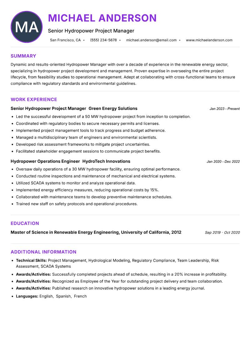 Hydropower Manager resume example