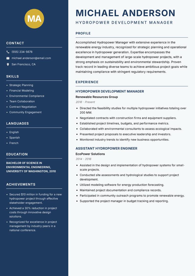 Hydropower Manager resume sample — Hydropower Development Manager focus