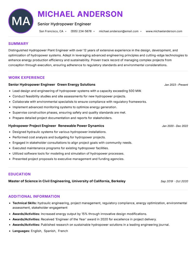 Hydropower Plant Engineer resume example