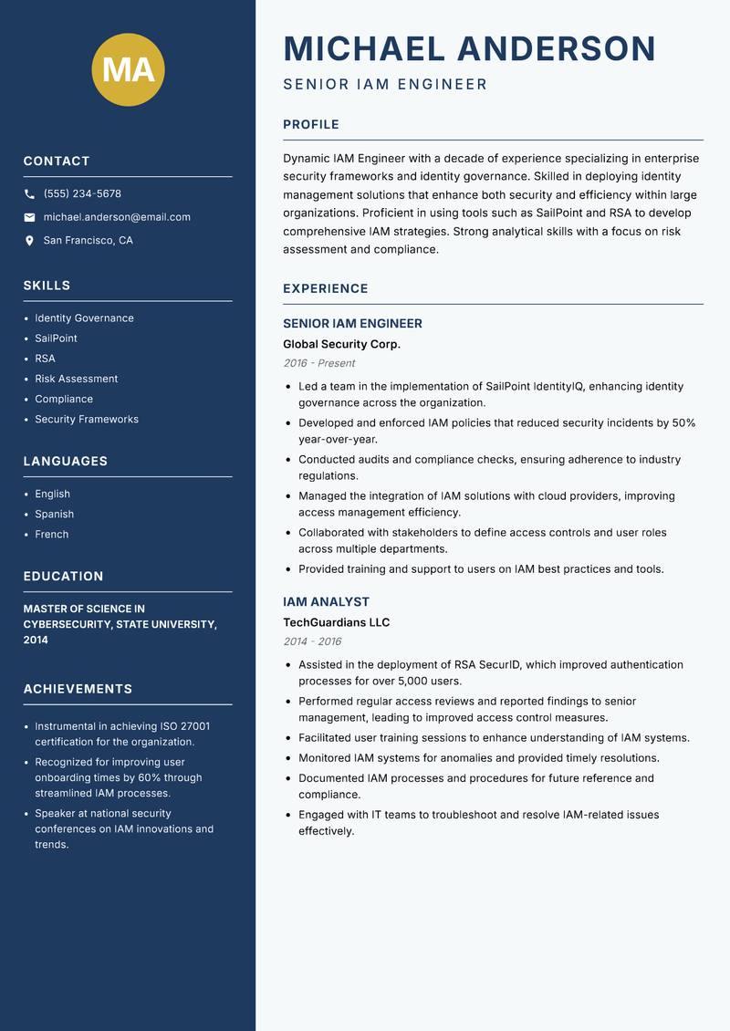 IAM Engineer resume sample — Senior IAM Engineer focus