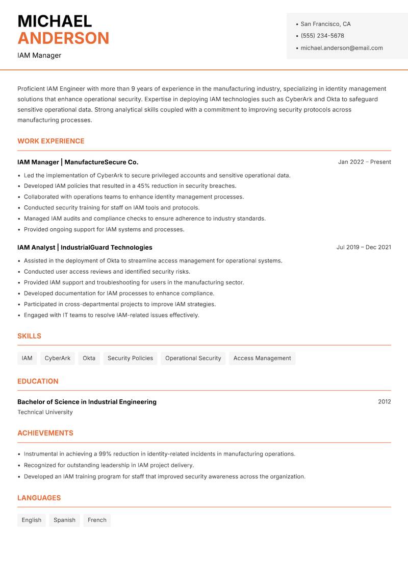 IAM Engineer resume sample — IAM Manager focus