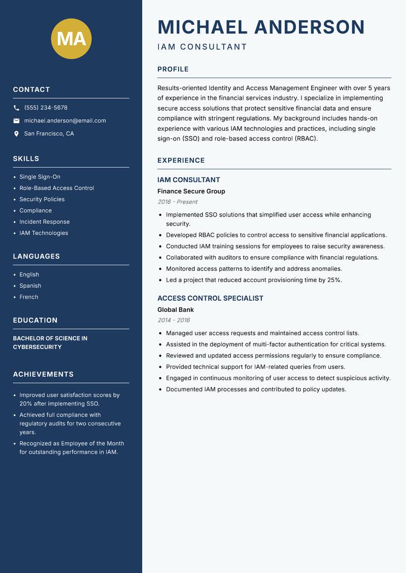 Identity and Access Management Engineer resume sample — IAM Consultant focus