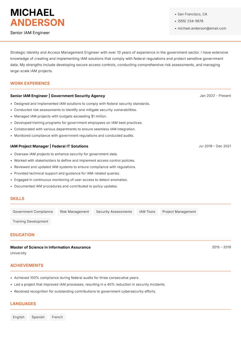 Identity and Access Management Engineer resume sample — Senior IAM Engineer focus