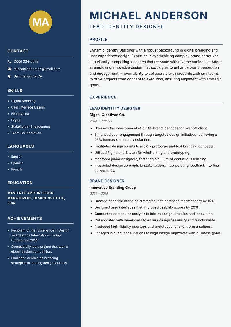Identity Designer resume sample — Lead Identity Designer focus