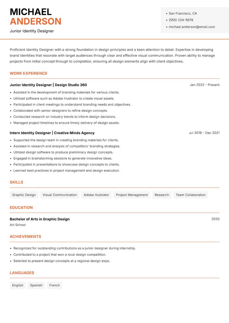 Identity Designer resume sample — Junior Identity Designer focus