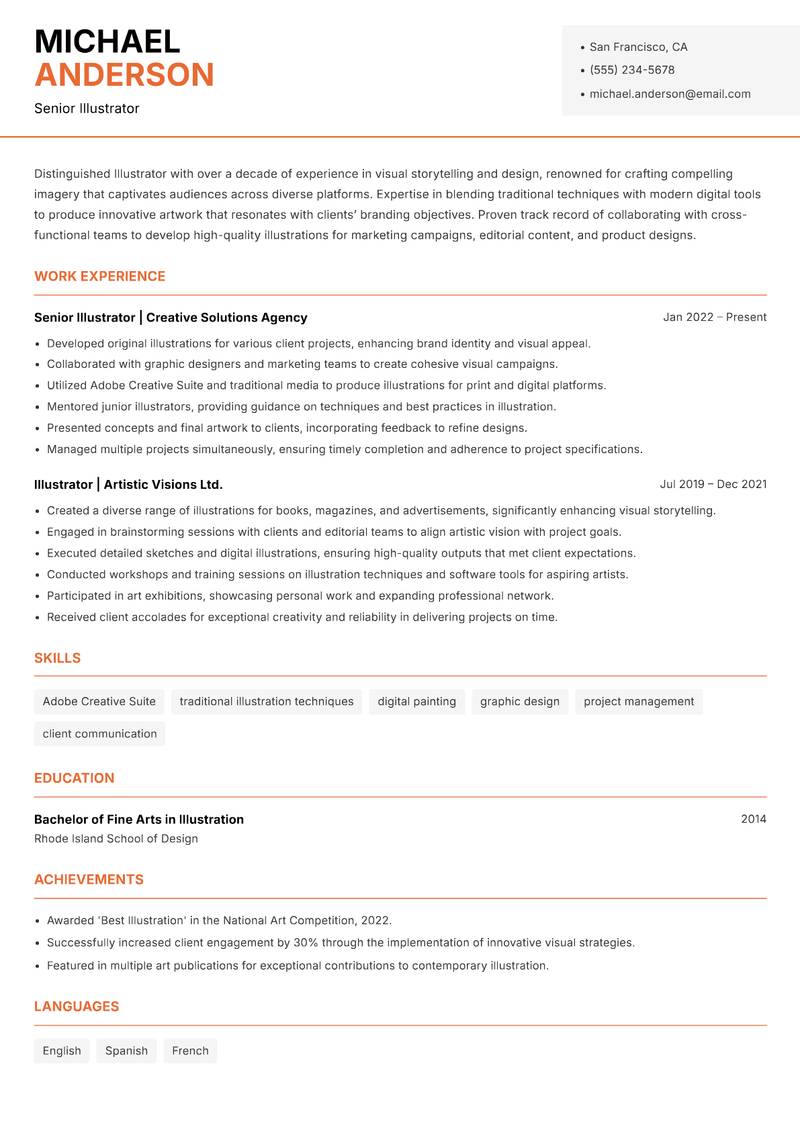 Illustrator resume sample — Senior Illustrator focus