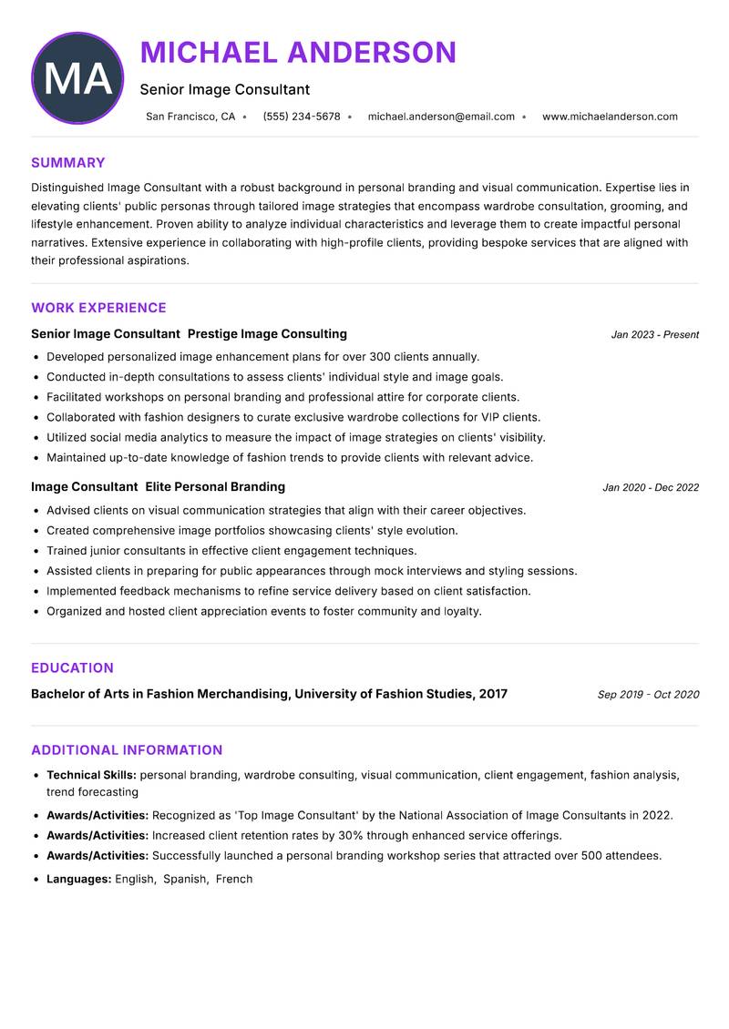 Image Consultant resume example