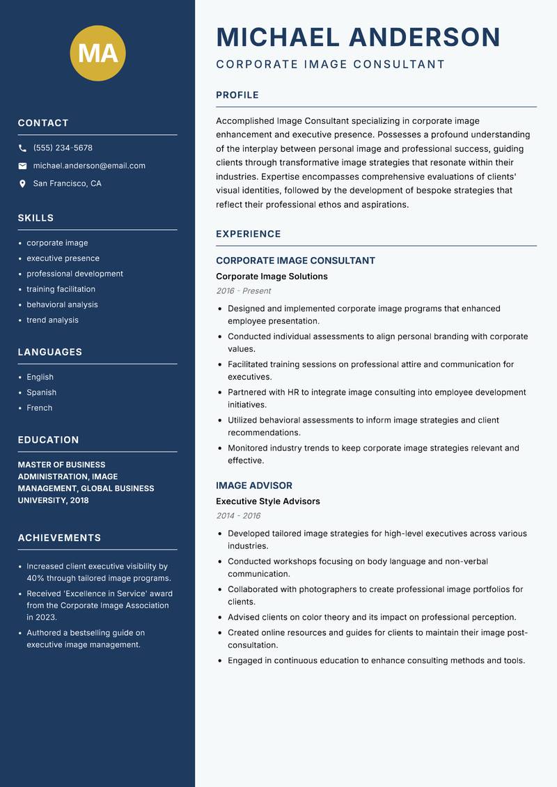 Image Consultant resume sample — Corporate Image Consultant focus
