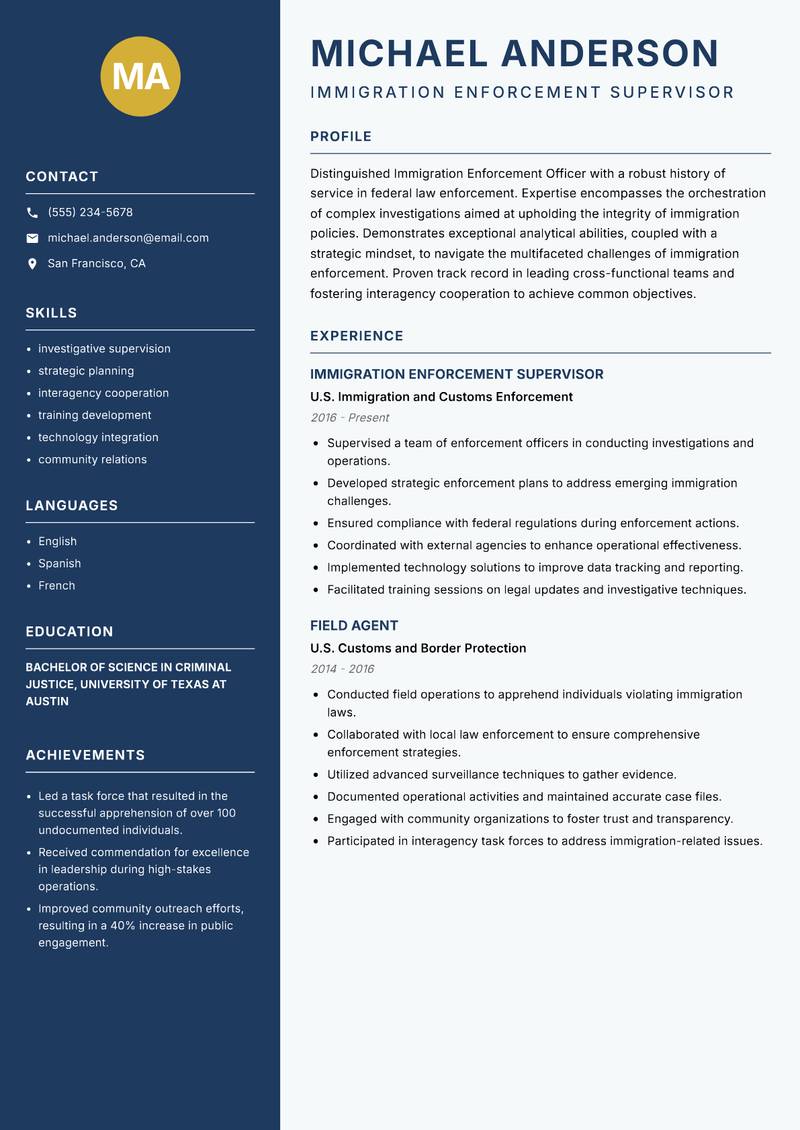 Immigration Enforcement Officer resume sample — Immigration Enforcement Supervisor focus