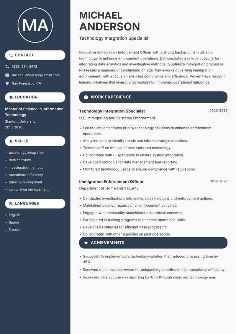 Immigration Enforcement Officer resume sample — Technology Integration Specialist focus