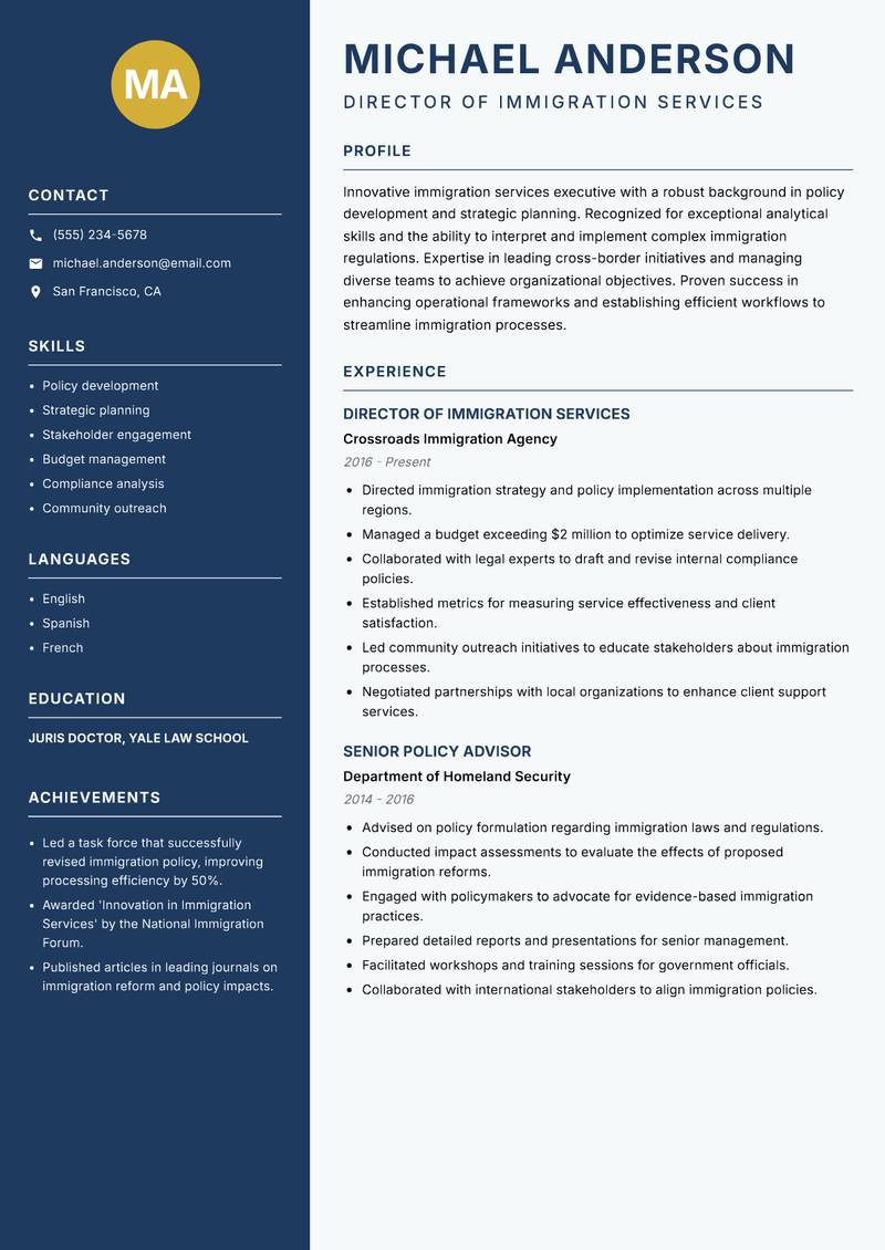 Immigration Services Executive resume sample — Director of Immigration Services focus