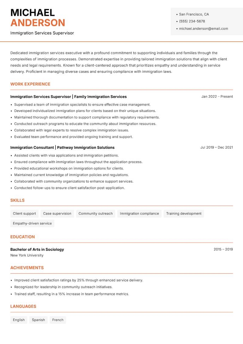 Immigration Services Executive resume sample — Immigration Services Supervisor focus