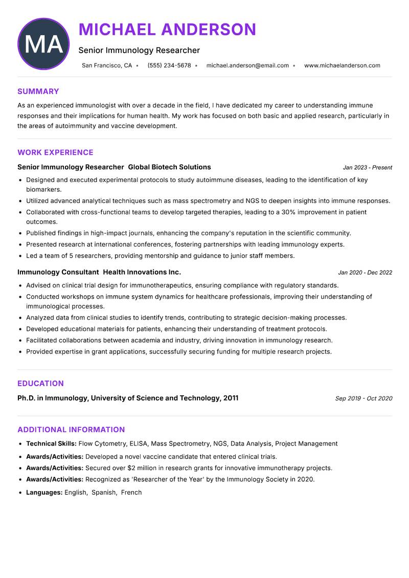 Immunologist resume example