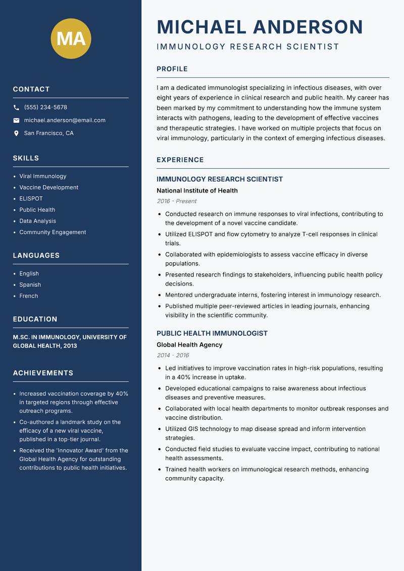 Immunologist resume sample — Immunology Research Scientist focus