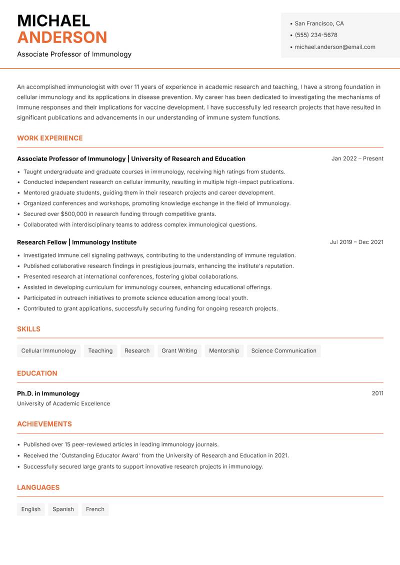 Immunologist resume sample — Associate Professor of Immunology focus