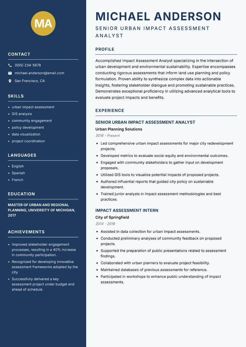 Impact Assessment Analyst resume sample — Senior Urban Impact Assessment Analyst focus