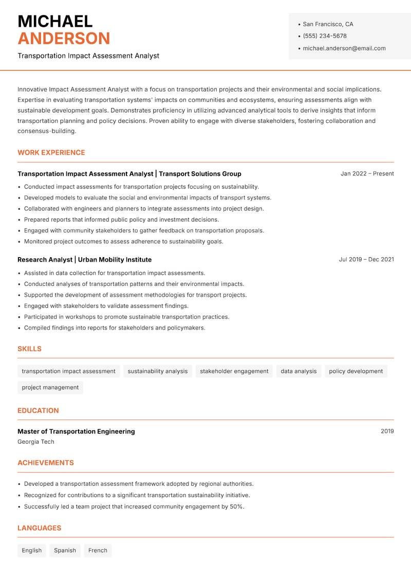 Impact Assessment Analyst resume sample — Transportation Impact Assessment Analyst focus