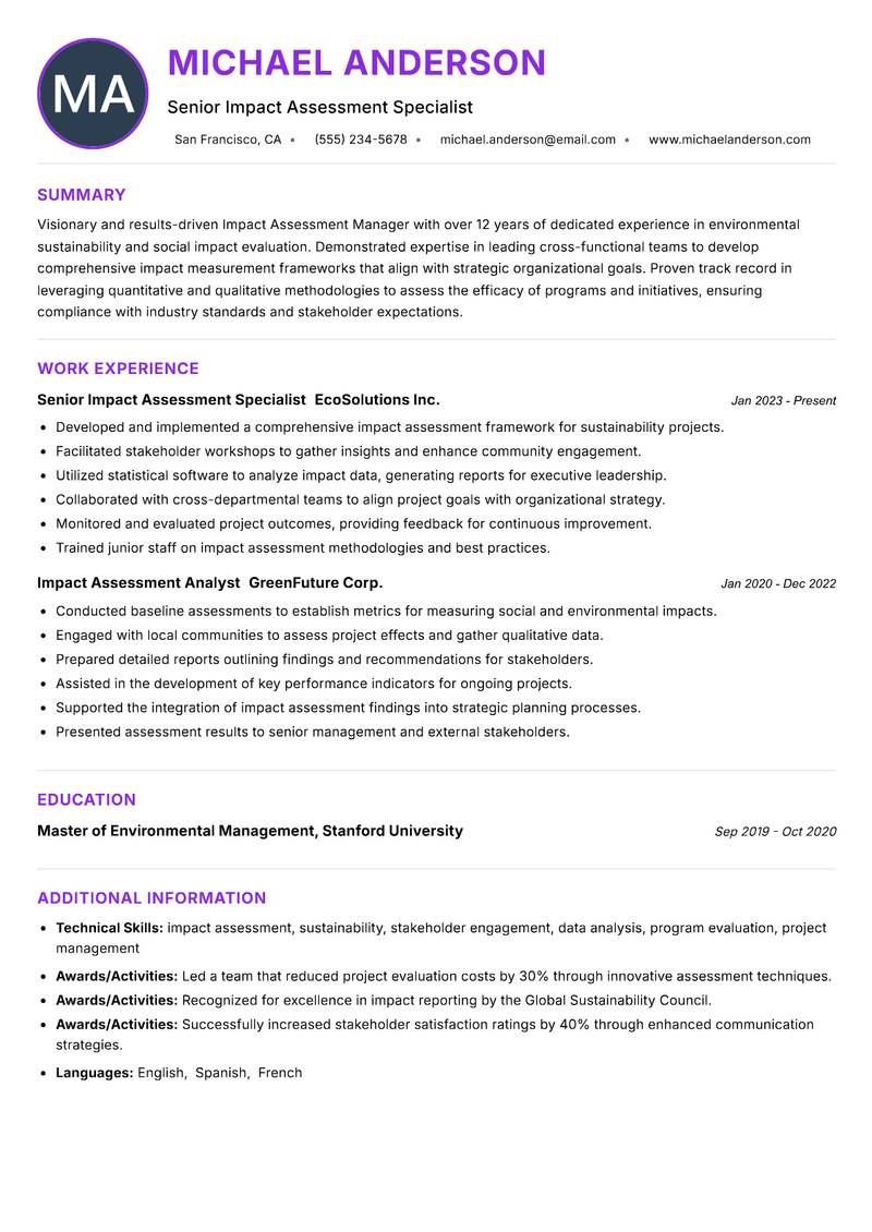 Impact Assessment Manager resume example