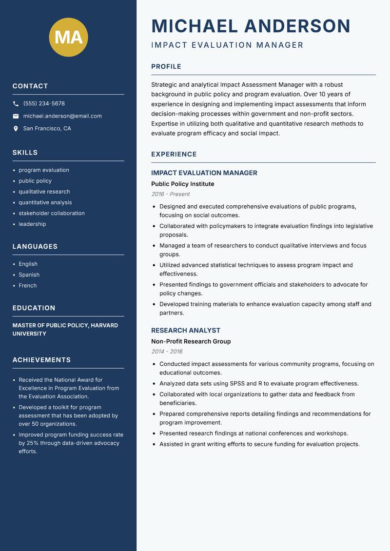 Impact Assessment Manager resume sample — Impact Evaluation Manager focus