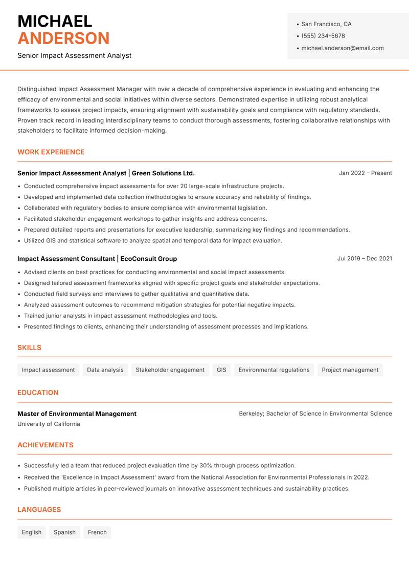 Impact Assessment Manager resume sample — Senior Impact Assessment Analyst focus