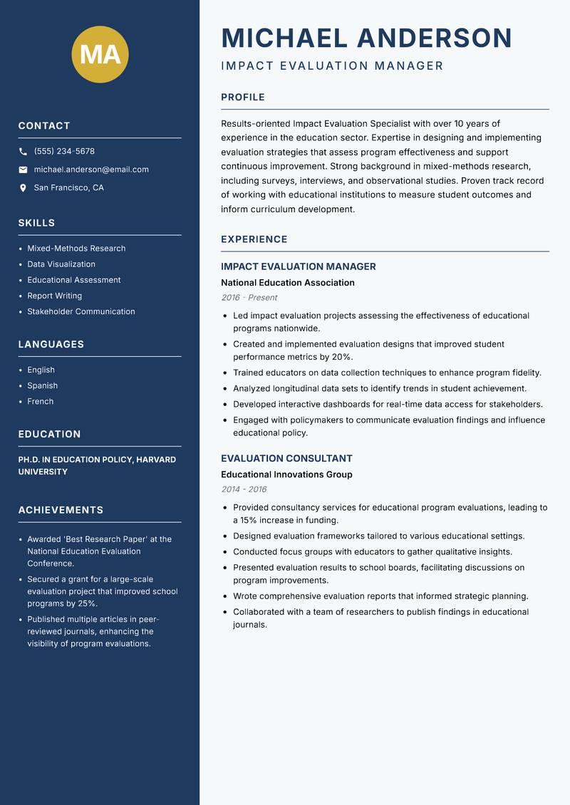 Impact Evaluation Specialist resume sample — Impact Evaluation Manager focus