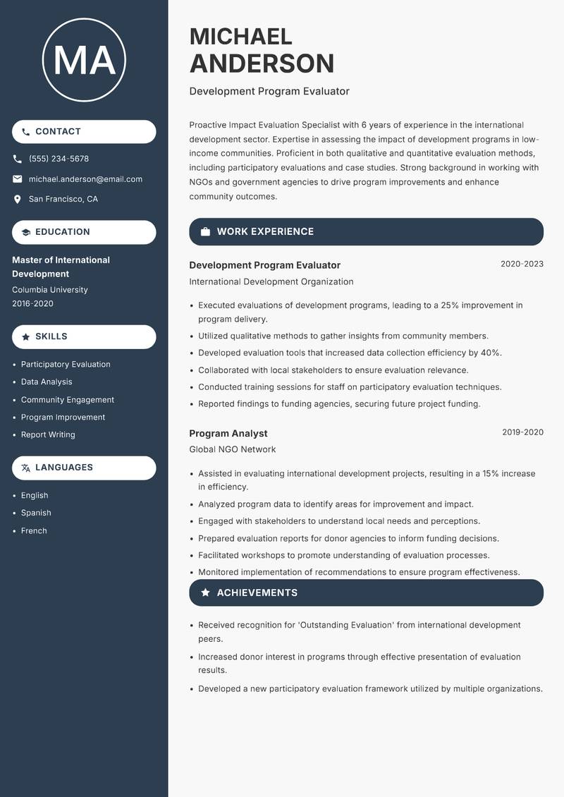Impact Evaluation Specialist resume sample — Development Program Evaluator focus