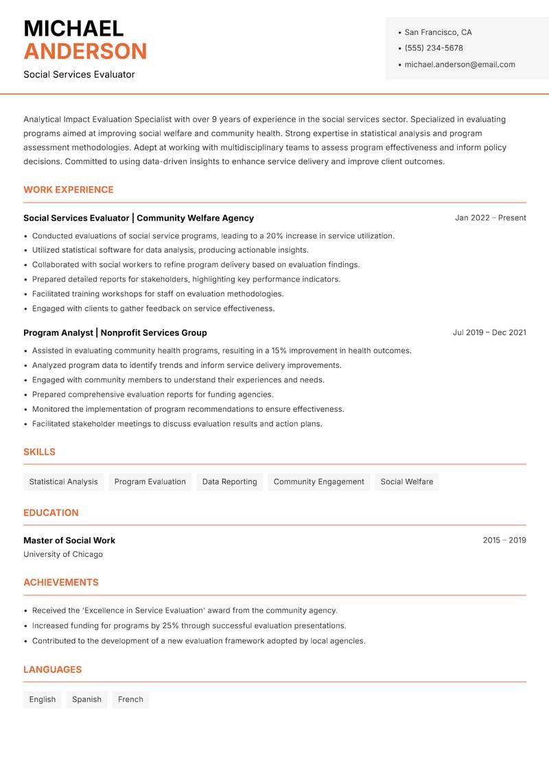 Impact Evaluation Specialist resume sample — Social Services Evaluator focus
