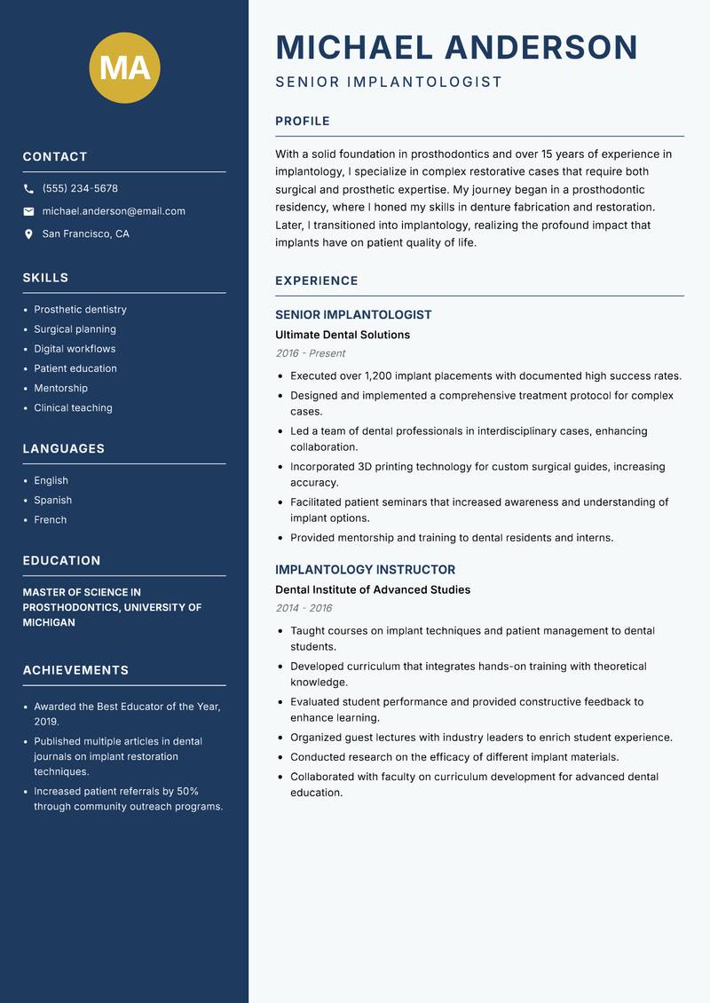 Implantologist resume sample — Senior Implantologist focus
