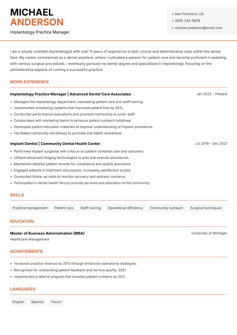 Implantologist resume sample — Implantology Practice Manager focus