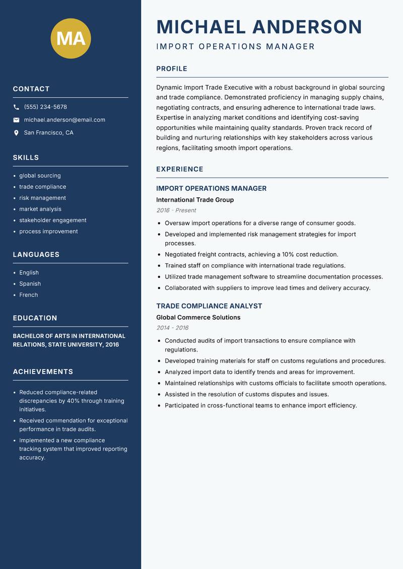 Import Trade Executive resume sample — Import Operations Manager focus