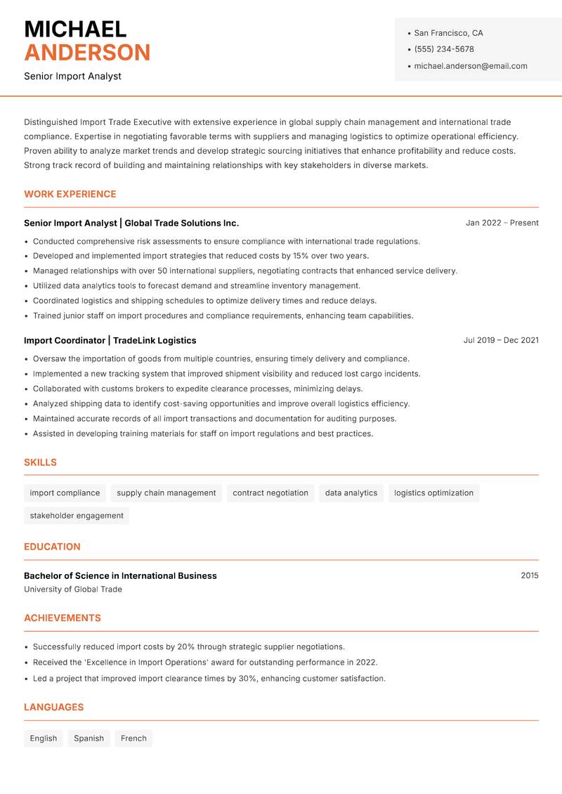 Import Trade Executive resume sample — Senior Import Analyst focus