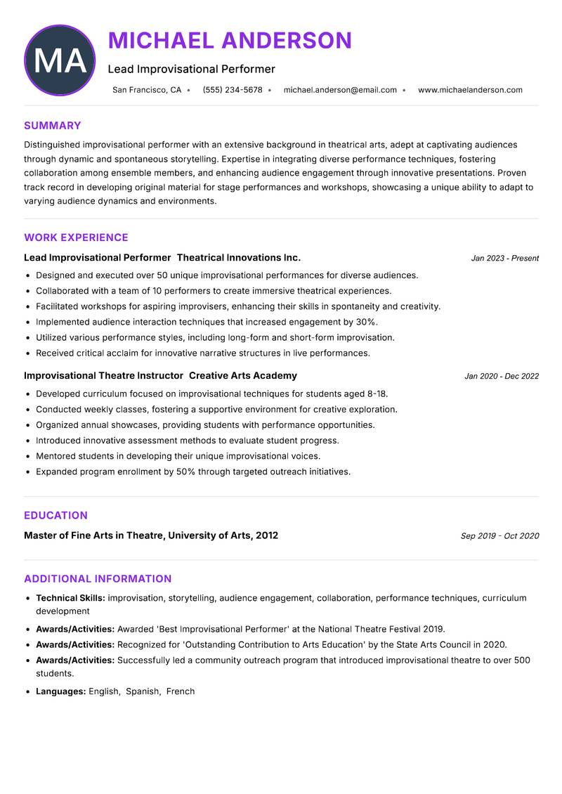 Improvisational Performer resume example