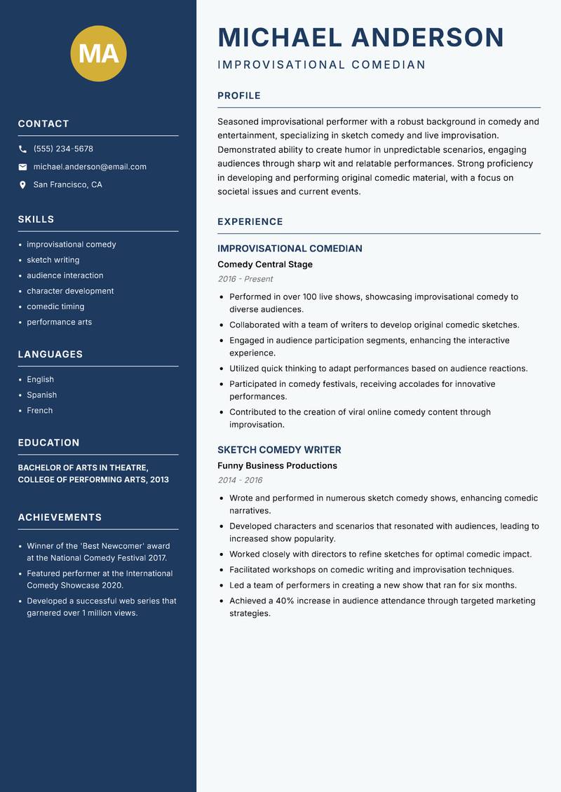 Improvisational Performer resume sample — Improvisational Comedian focus