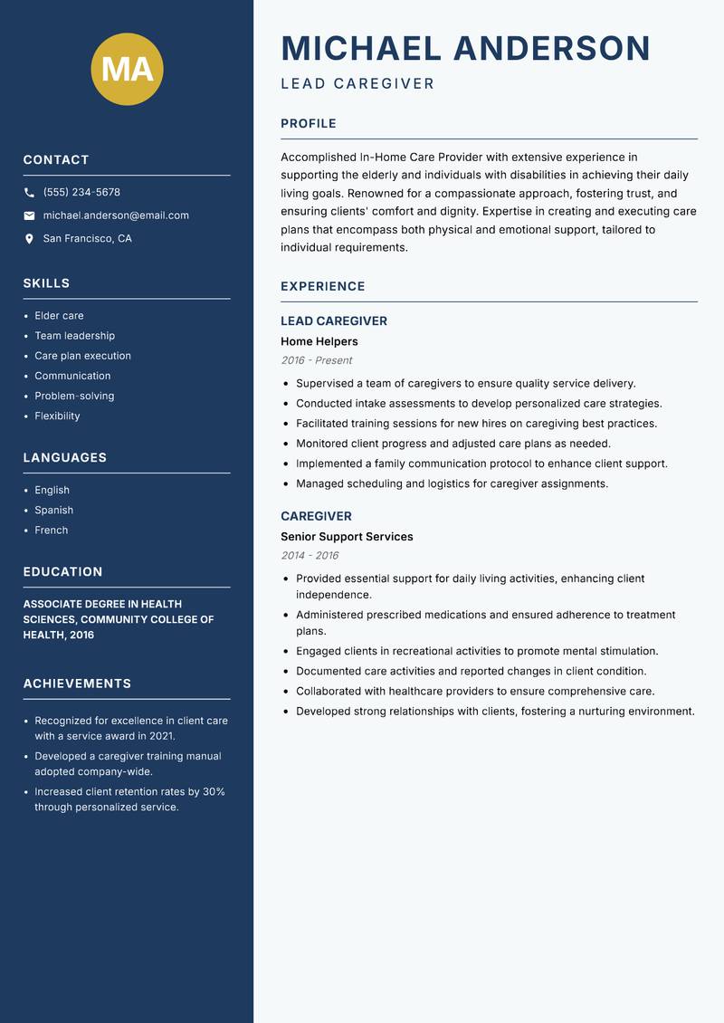 In-Home Care Provider resume sample — Lead Caregiver focus