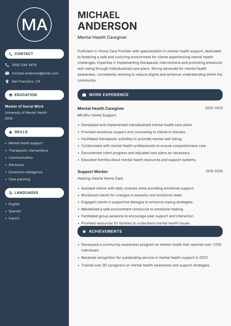 In-Home Care Provider resume sample — Mental Health Caregiver focus