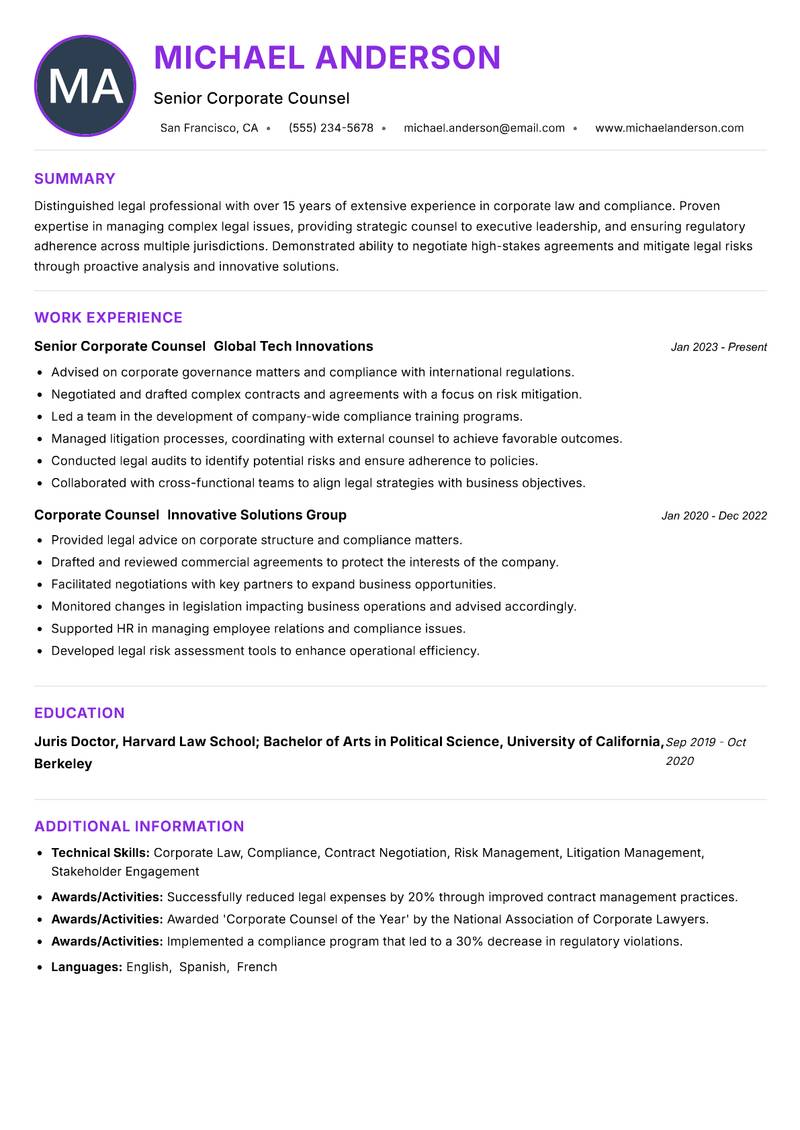 In House Counsel resume example