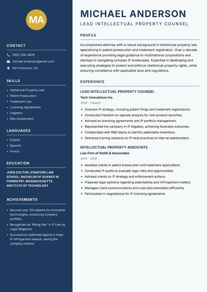 In House Counsel resume sample — Lead Intellectual Property Counsel focus