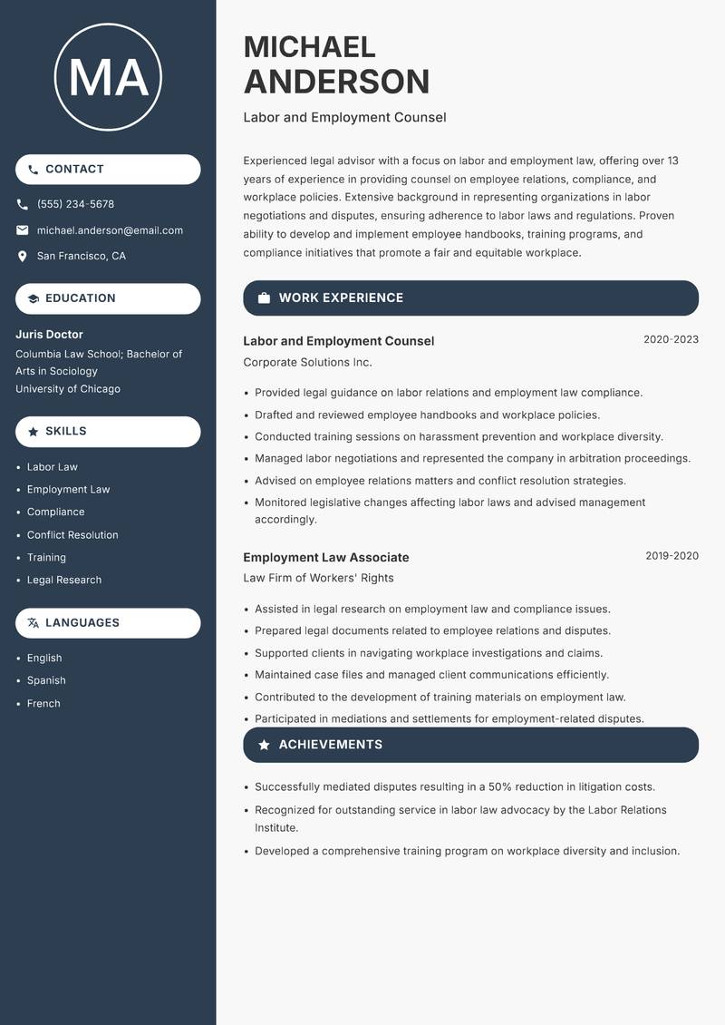In House Counsel resume sample — Labor and Employment Counsel focus