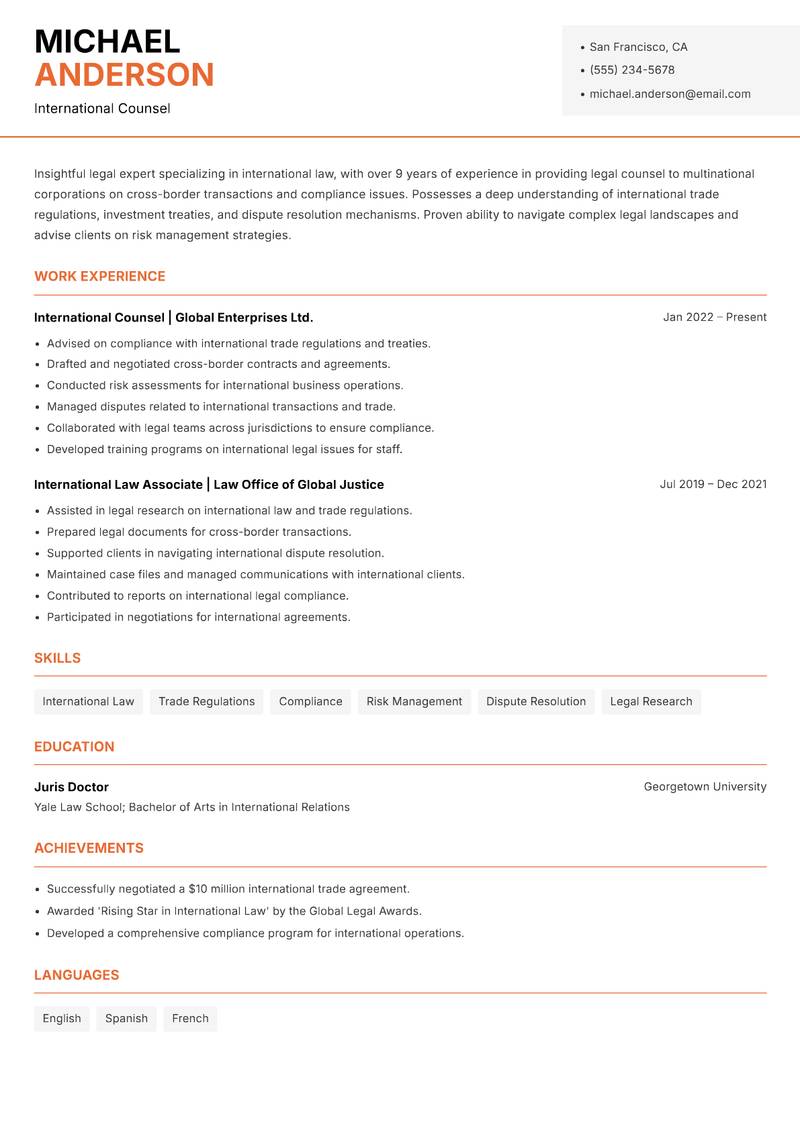 In House Counsel resume sample — International Counsel focus