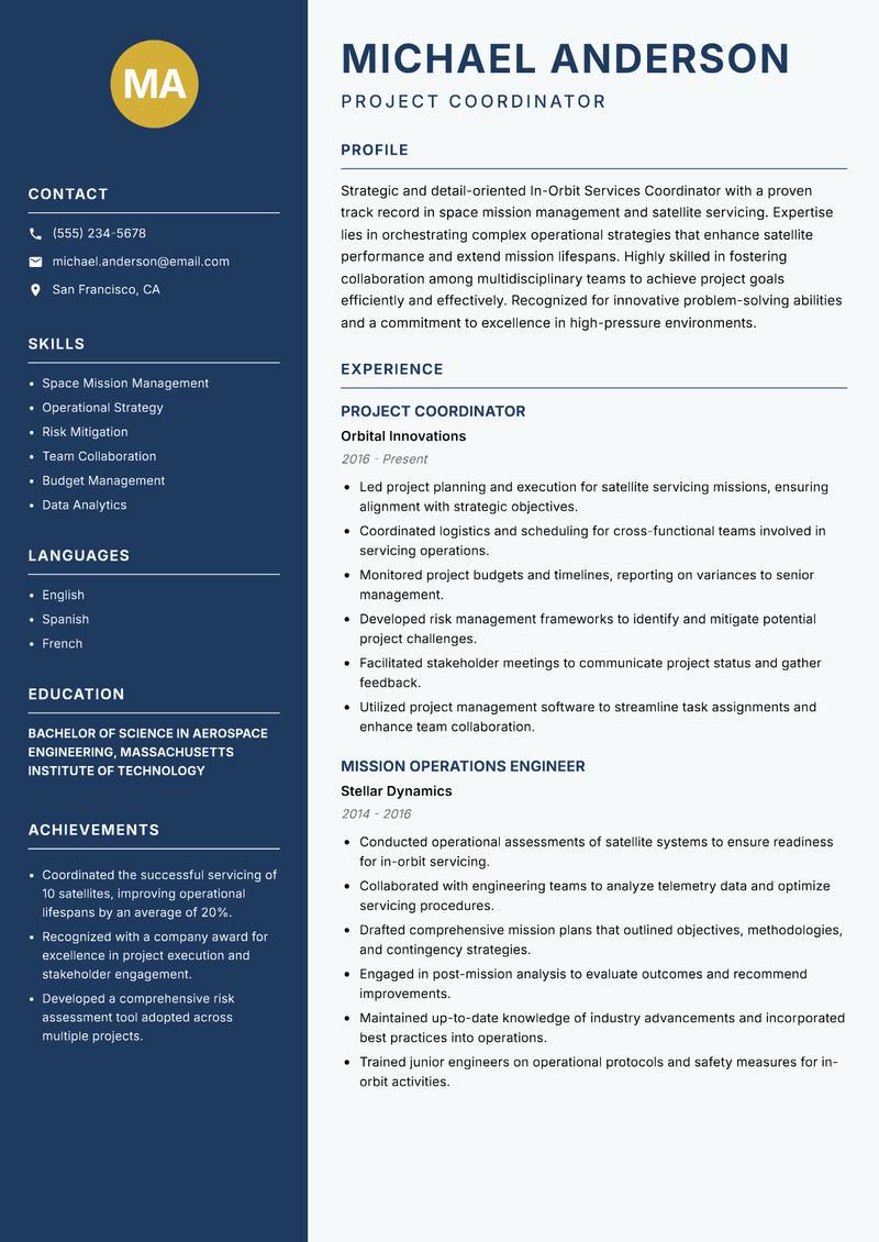 In-Orbit Services Coordinator resume sample — Project Coordinator focus