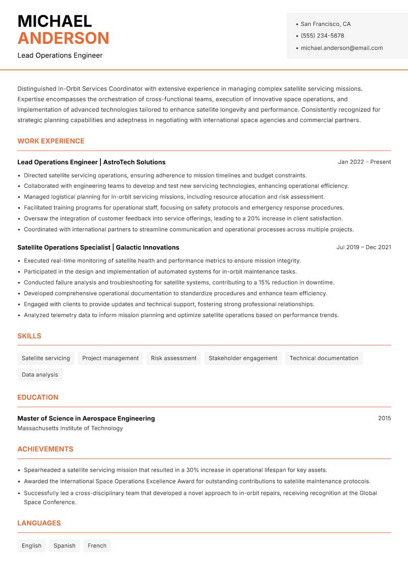 In-Orbit Services Coordinator resume sample — Lead Operations Engineer focus