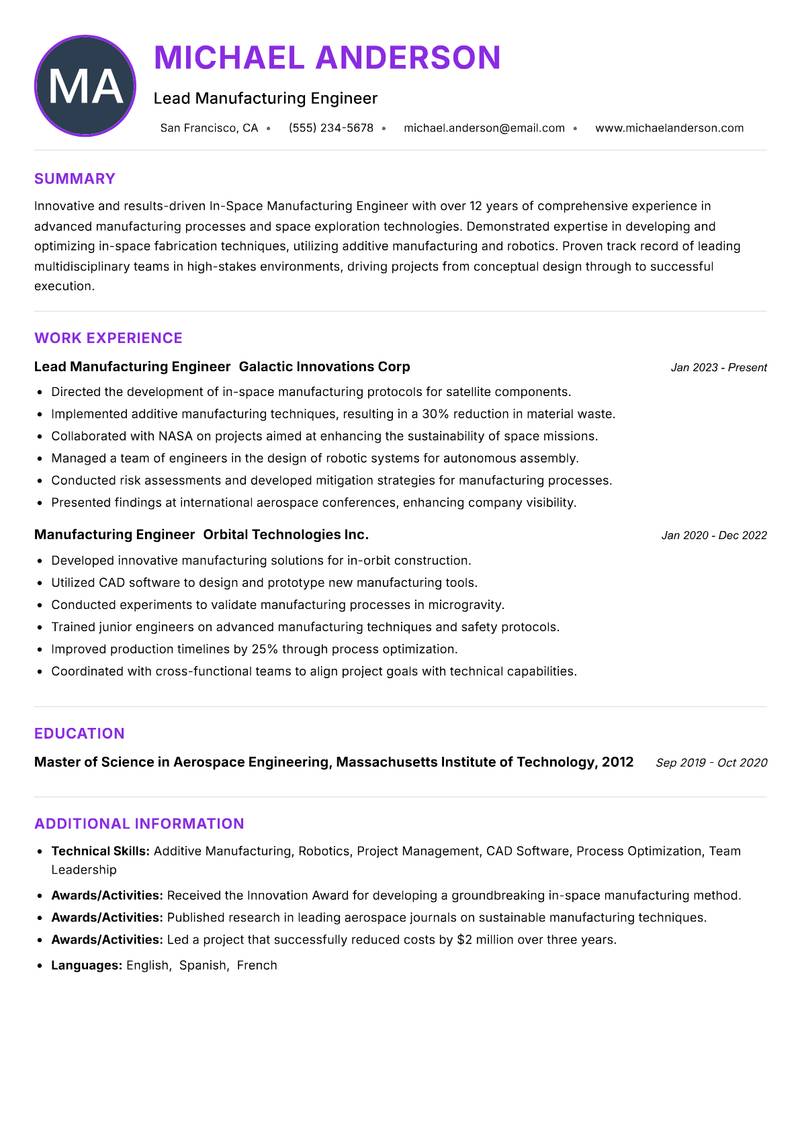 In-Space Manufacturing Engineer resume example